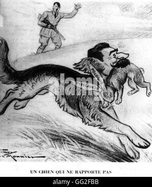 Satirische Cartoon von Henri Le Monnier, veröffentlicht in "Marianne": Hitler, Stalin, der mit Polen und Finnland 13. Dezember 1939 davonläuft jagen Frankreich - Krieg Stockfoto