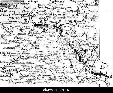 Ersten Weltkrieg. Karte der ersten allgemeinen Schlacht fand statt 20. bis zum 23. August 1914. Stockfoto