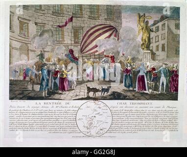 Wasserstoff-gefüllten Ballon von Jacques Charles erfunden und von den Brüdern Robert gemacht. Flug der 1. Dezember 1783. Abfahrt von der Jardin des Tuileries in Paris und Ankunft in Paris. Der Ballon wurde in einen Warenkorb gelegt und an die Stelle des Victoire geführt wird Stockfoto