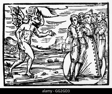 Francesco Maria Guazzo, bekannt als Guaccius Italienischschule Taufe durch die Teufel-1608-Gravur auf Holz aus "Compendium Maleficarum" Stockfoto