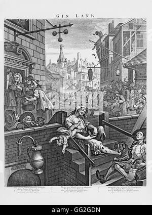 William Hogarth englischen Schule "Gin Lane". Szene, die die Übel des Verbrauchs von Gin als Kontrast zu der Hauptsache Bier trinken darstellen. 1751 Privatsammlung Stockfoto