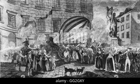 Wasserstoff-gefüllten Ballon von Jacques Charles erfunden und von den Brüdern Robert gemacht. Flug der 1. Dezember 1783. Abfahrt von der Jardin des Tuileries in Paris und Ankunft in Paris. Der Ballon wurde in einen Warenkorb gelegt und an die Stelle des Victoire geführt wird Stockfoto