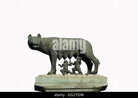 Die legendäre kapitolinischen Wölfin mit den Zwillingen Romulus und Remus, symbolisiert die Gründung von Rom. Eine kleine Bronze-Replik. Stockfoto