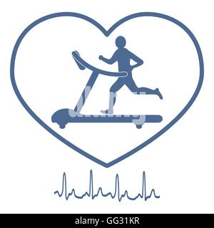 Stilisierte Ikone des Mannes Joggen auf einem Laufband im Rahmen der Herz-Symbol und Herzrhythmus auf weißem Hintergrund Stock Vektor