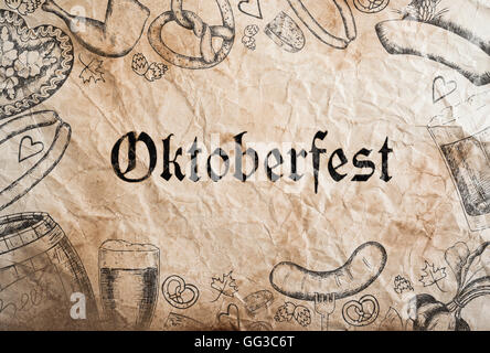Oktoberfest-Schild mit verschiedenen hand gezeichnete Symbole, Papier staatlich Stockfoto