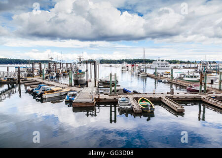 Bunte Boote und Yachten an der Anlegestelle am Hafen von Nanaimo. Das ruhige und klare Wasser spiegeln sich der blaue Himmel in der beliebten har Stockfoto