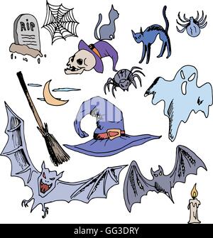 Nahtlose Vektormuster für Halloween. Gespenst, Fledermaus, Totenkopf, Besen, Spinnen, Spinnweben, Kerze, Grab und weitere Artikel zum Thema. Helle cartoon Stock Vektor