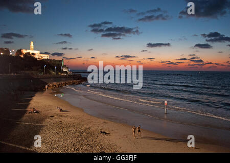 Israel, Naher Osten: Sonnenuntergang auf die Silhouette der Altstadt von Jaffa, dem ältesten Teil von Tel Aviv Yafo, einer der ältesten Hafenstadt in Israel. Stockfoto