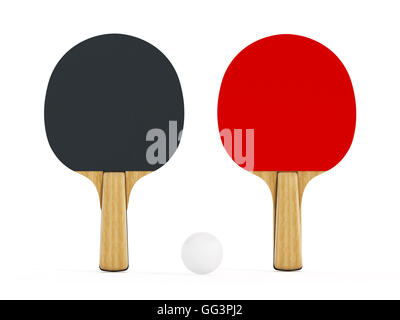 Ping Pong oder Tischtennis Schläger isoliert auf weißem Hintergrund. 3D Illustration. Stockfoto