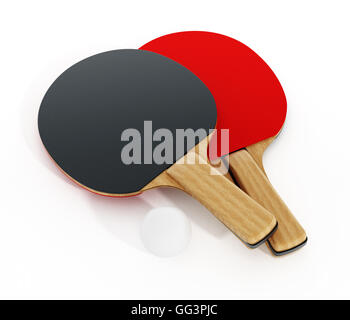 Ping Pong oder Tischtennis Schläger isoliert auf weißem Hintergrund. 3D Illustration. Stockfoto