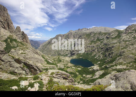 Melo See (Lac de Melo) und Restonica-Tal vom Lac de Capitello, Zentral-Korsika, Frankreich Stockfoto