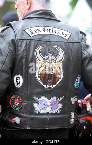 Stickerei auf dem Rücken von einem Biker-Jacke in einer Versammlung der amerikanischen Motorräder in Beaucaire im französischen Département Gard Stockfoto