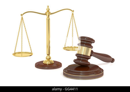 hölzerne Hammer und goldenen Waage der Gerechtigkeit, 3D-Rendering isolierten auf weißen Hintergrund Stockfoto