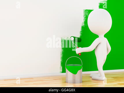 3D Renderer Bild. Weiße Leute Malerei Wand mit einer Walze. Stockfoto