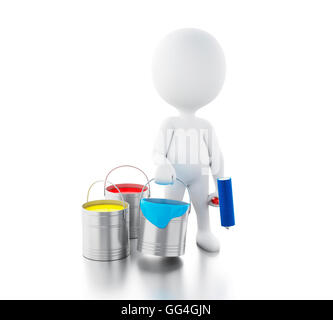 3D Renderer Bild. Weiße Leute mit Farbeimer und Farbroller. Isolierten weißen Hintergrund. Stockfoto