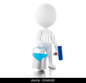 3D Renderer Bild. Weiße Leute mit Farbeimer und Farbroller. Isolierten weißen Hintergrund. Stockfoto