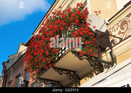 Balkon im zweiten Stock eines alten Hauses in den Farben der roten Geranien Stockfoto