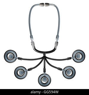 Medizinisches Team und Arzt Gruppe Symbol als ein Arzt Stethoskop mit mehreren Links als Medizin-Ikone für Union und Krankenhaus Ärzte arbeiten zusammen in ein vereintes Netzwerk als eine 3D Darstellung. Stockfoto