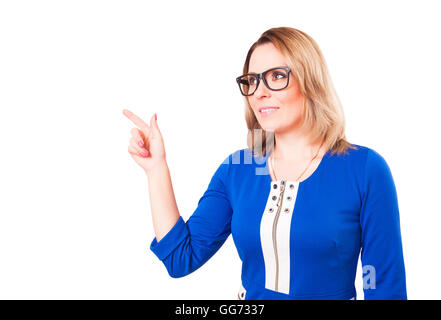 Die Frau zeigt einen Finger. Studio gedreht. Isoliert auf weißem Hintergrund Stockfoto
