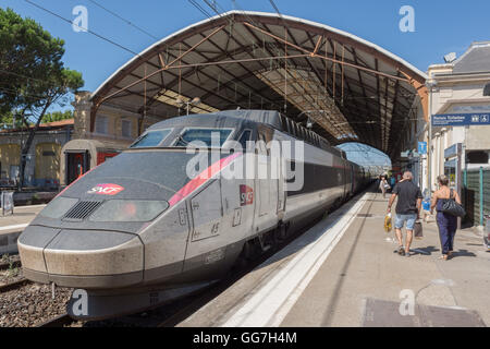 TGV auf einer Plattform am Bahnhof Avignon Ville Stockfoto