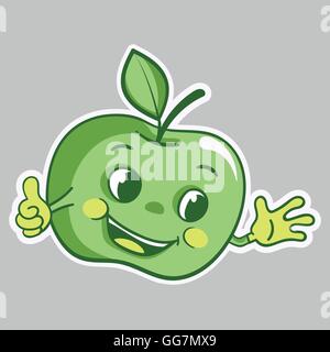 Aufkleber mit grünem Apfel Zeichentrickfigur, die Daumen nach oben Stock Vektor