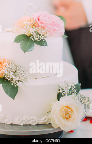 Nahaufnahme der weißen Hochzeit Kuchen verziert mit rosa Rosen Stockfoto