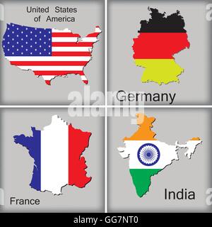 Karten von Usa, Deutschland, Frankreich und Indien auf grauem Hintergrund Stock Vektor