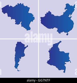 blaue Karten von Belgien, China, Argentinien und Kolumbien auf hellem Blau Hintergrund Stock Vektor