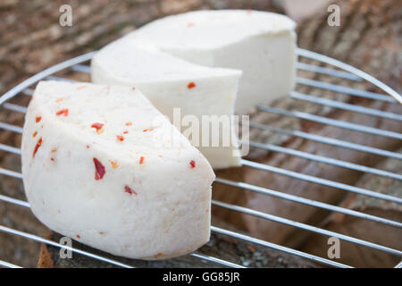 Primosale Käse aus Schafsmilch hergestellt und gewürzt mit roten Chili cutter Stockfoto