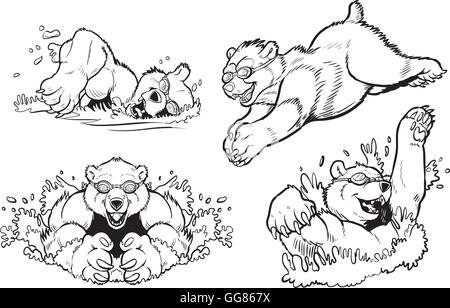 Schwarz / weiß Cartoon Clip Art Vektorgrafik set Bären schwimmen und Tauchen mit Brille auf. Stock Vektor