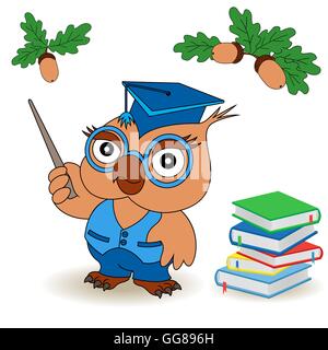 Professor Eule in Gläser und Quaste mit Zeiger in der Nähe von Buch-Stack, kindischen Cartoon-Vektorgrafik Stock Vektor