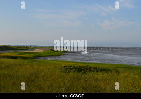 Ebbe im Duxbury Bay mit Pulver Point Bridge in der Ferne. Stockfoto