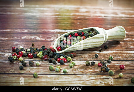 Gemischte getrocknete Pfefferkörner auf einem Holzlöffel. Stockfoto