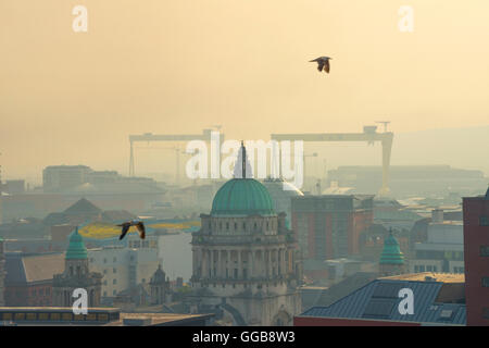 Atemberaubende Aussicht über Belfast mit den Harland- und Wolff-Kranichen, Samson und Goliath im Hintergrund bei Sonnenaufgang, Belfast Stockfoto