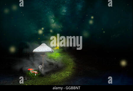 Geheimnisvolle Forstweg mit surrealen Lichter, Nebel und märchenhafte Pilze Stockfoto