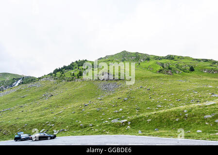 Foto von grünen Capra Peak, zwei Autos auf einer Straße und ein Feld voller Schafe grasen im Fagaras-Gebirge, Rumänien. Stockfoto