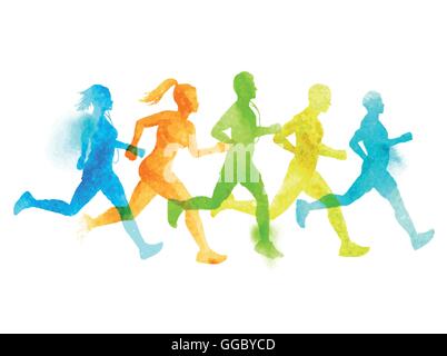 Eine laufende Gruppe von aktiven Menschen, Männer und Frauen. Aquarell-Vektor-Illustration. Stock Vektor
