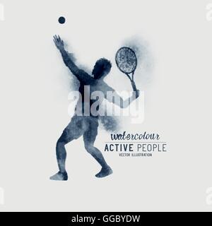 Profi-Tennisspieler einen Tennisball für dienen - Aquarell-Vektor-Illustration zu treffen. Stock Vektor