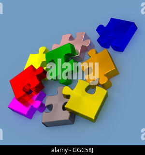 Bunte Stücke des Puzzles auf blauem Hintergrund, 3D-Rendering Stockfoto