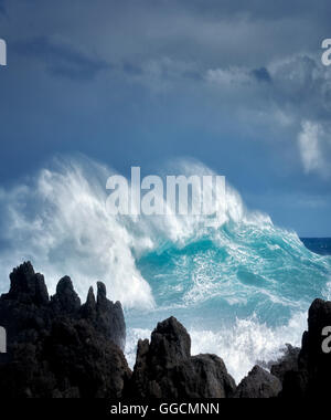 Brechenden Wellen an Laupahoehoe Stelle. Hawaii, Insel. Die große Insel. Stockfoto