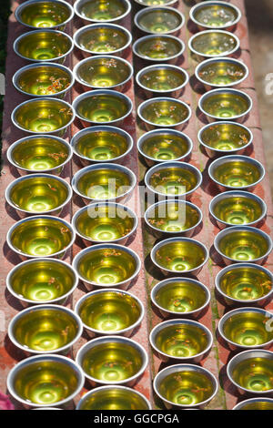 Schalen mit Safran Wasser und Blumen im Boudhadhnath Tempel in Kathmandu, Nepal Stockfoto