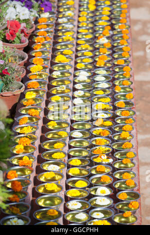 Schalen mit Safran Wasser und Blumen im Boudhadhnath Tempel in Kathmandu, Nepal Stockfoto