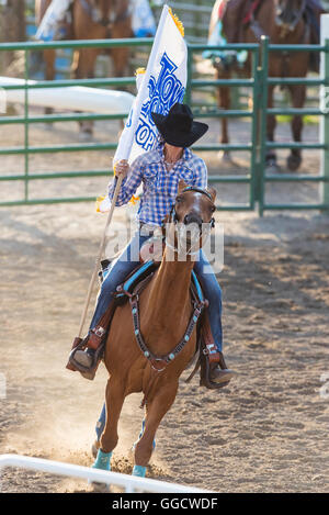 Cowgirl auf dem Pferderücken mit fallenden Hut, Flagge; Chaffee County Fair & Rodeo, Salida, Colorado, USA Stockfoto