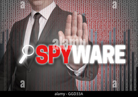 Spyware mit Matrix zeigt Geschäftsmann. Stockfoto