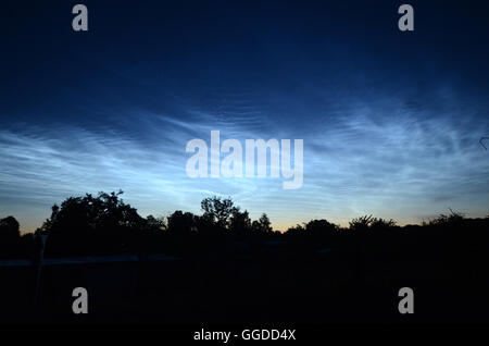 Nachtwolken aus Dänemark im Juli gesehen. Diese Wolken sind in sehr großer Höhe und sind von der Sonne in der Nacht beleuchtet Stockfoto