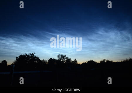 Nachtwolken aus Dänemark im Juli gesehen. Diese Wolken sind in sehr großer Höhe und sind von der Sonne in der Nacht beleuchtet Stockfoto