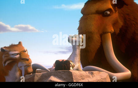 ICE AGE / Ice Age USA 2001 / Chris Wedge sterben Eiszeit Vor 20 000 Jahren: Mittendrin Ein Tierisches Quartett, MANNY, Ein Verbiestertes Mammut, SID, Ein Ungehobeltes Faultier, DIEGO, der Verschlagene Säbelzahntiger Und Scrat, Eine Abstecher aus Ratte Und Eichhörnchen. Als Scrat Eine Eichel Vergraben Wollte, hat er aus Versehen Einen Riesigen Gletscher Losgelöst Und Artikelwort Kilometerhohe Eisblock Verfolgt ihn-Nonne. SID Stolpert Über Manny Und Manny Schliesst Sich Ihm Und Seiner Mission ein, Denn Sid Soll Das Menschenkind Roshan Zu Seiner Familie Zurückbringen. Unterwegs treffen Sie Den Säbelzahntiger Stockfoto