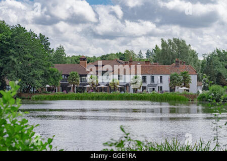 Das Frensham Pond Hotel und den ruhigen Gewässern des Frensham großer Teich in Surrey. Stockfoto