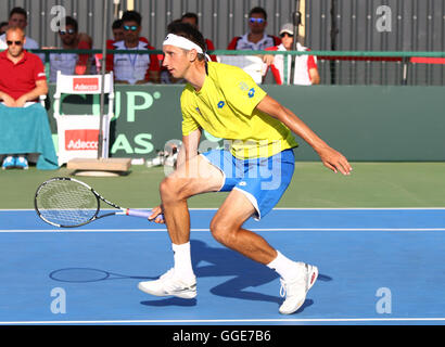 Kiew, UKRAINE - 15. Juli 2016: Close-up Portrait von Sergiy STAKHOVSKY der Ukraine während der BNP Paribas Davis Cup Europa/Afrika Zone Gruppe ich Spiel Vs Gerald MELZER Österreichs bei Campa Bucha Tennis Club Stockfoto