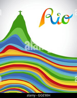 Bunte Rio De Janeiro Typografie Gestaltung Text mit Brasilien Wahrzeichen für Sportspiele 2016. EPS10 Vektor. Stock Vektor